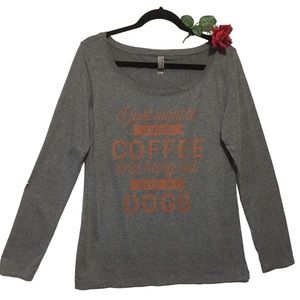Next level scoop neck long sleeve gray tee shirt Spell out coffee dogs XL
